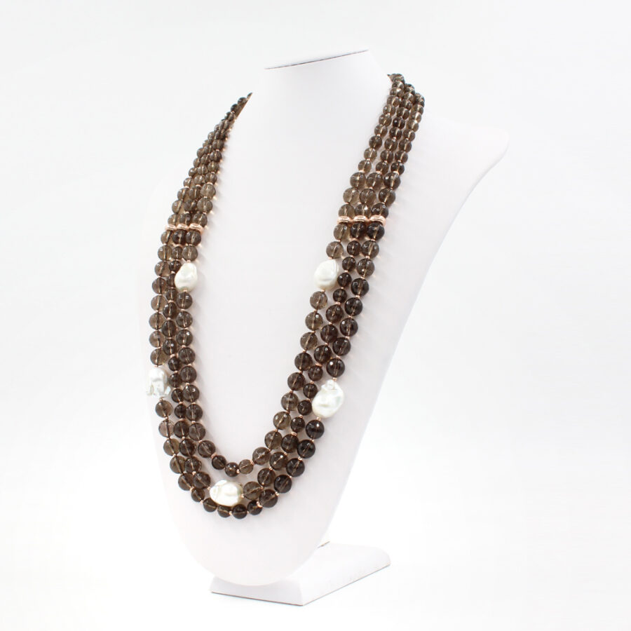 Collana Multifilo con quarzo fumè, perle barocche, e chiusura in argento 925‰ - Rosato