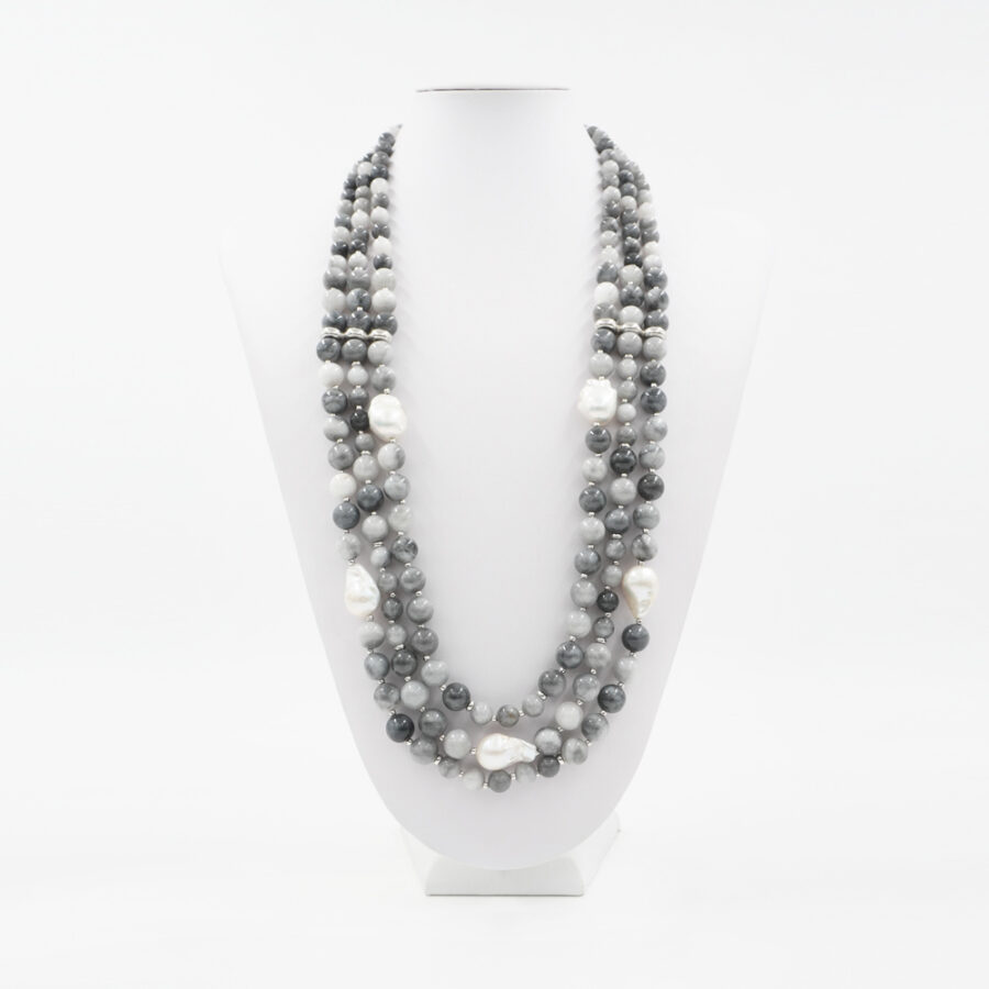 Collana Multifilo con occhio d'aquila, perle e chiusura in argento 925‰ – Rodiato - immagine 2