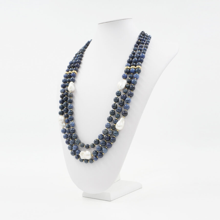 Collana Multifilo con dumortierite, perle e chiusura in argento 925‰ – Dorato