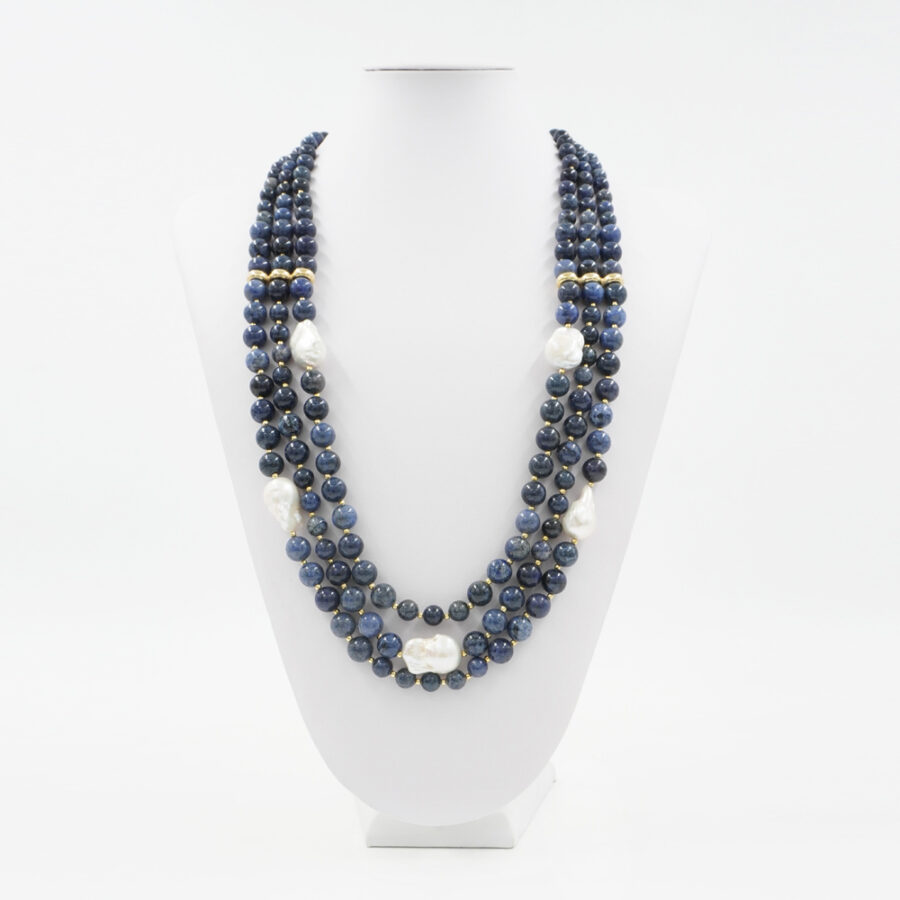 Collana Multifilo con dumortierite, perle e chiusura in argento 925‰ – Dorato - immagine 2