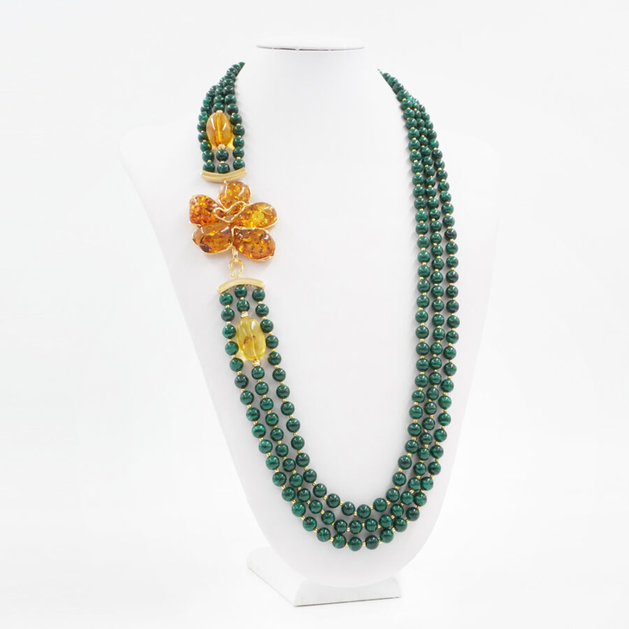 Collana Multifilo con malachite, ambra e elementi di ambra in chiusura in argento 925‰