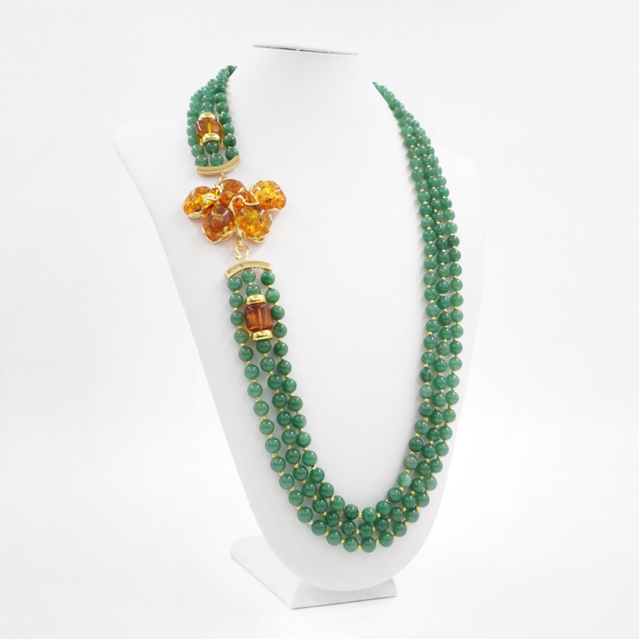 Collana Multifilo con avventurina, ambra e elementi di ambra in chiusura in argento 925‰