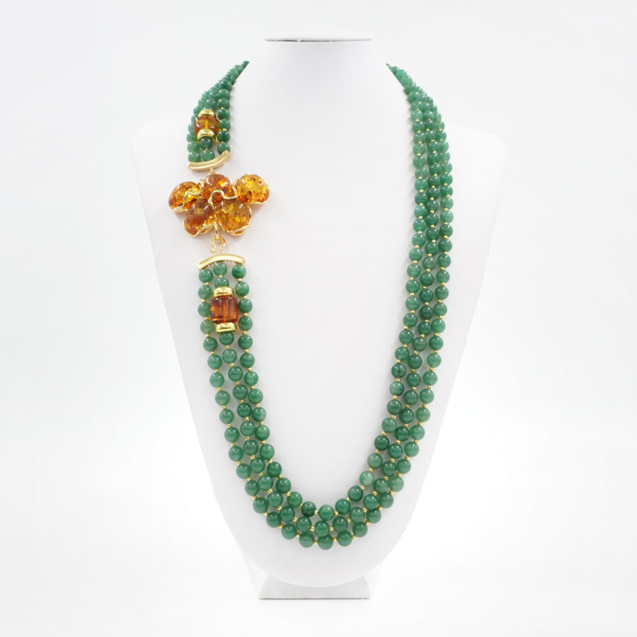 Collana Multifilo con avventurina, ambra e elementi di ambra in chiusura in argento 925‰ - immagine 2