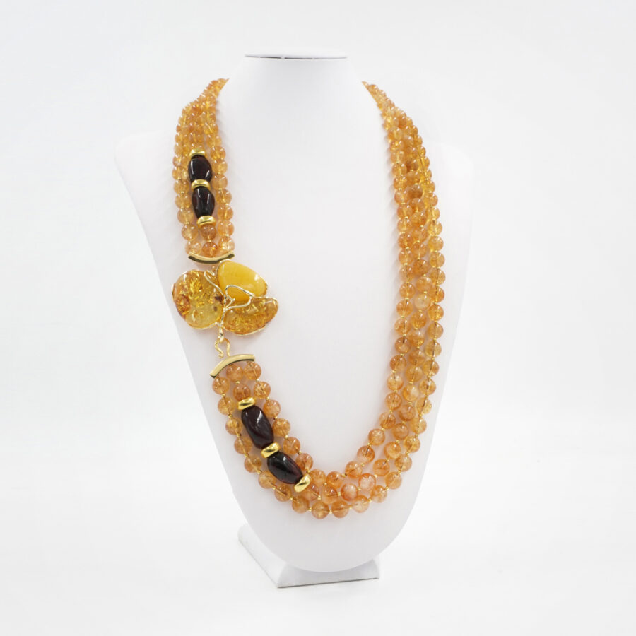 Collana Multifilo con quarzo citrino, ambra e ambra in chiusura in argento 925‰ – Dorato
