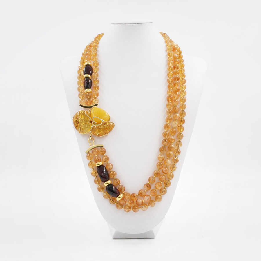 Collana Multifilo con quarzo citrino, ambra e ambra in chiusura in argento 925‰ – Dorato - immagine 2