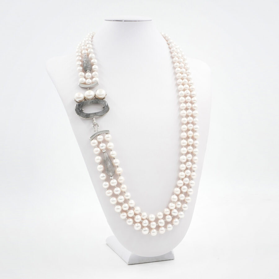 Collana Multifilo con perla, quarzo grigio e elementi di quarzo grigio e perla in chiusura in argento 925‰ – Platinato