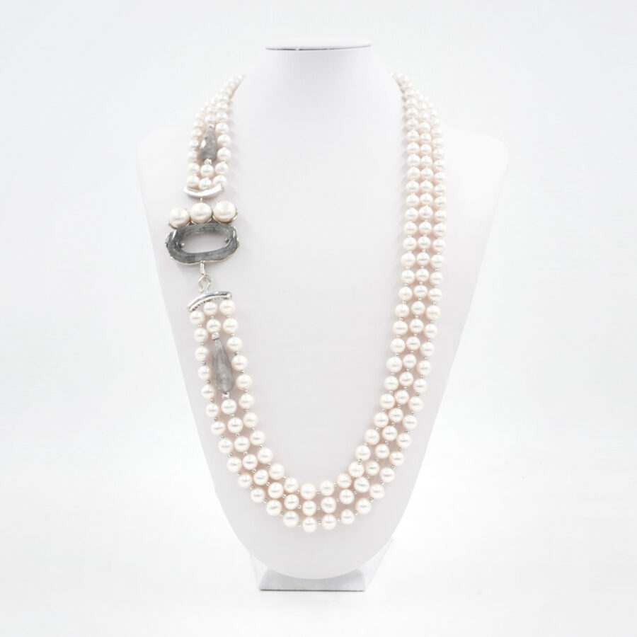 Collana Multifilo con perla, quarzo grigio e elementi di quarzo grigio e perla in chiusura in argento 925‰ – Platinato - immagine 2