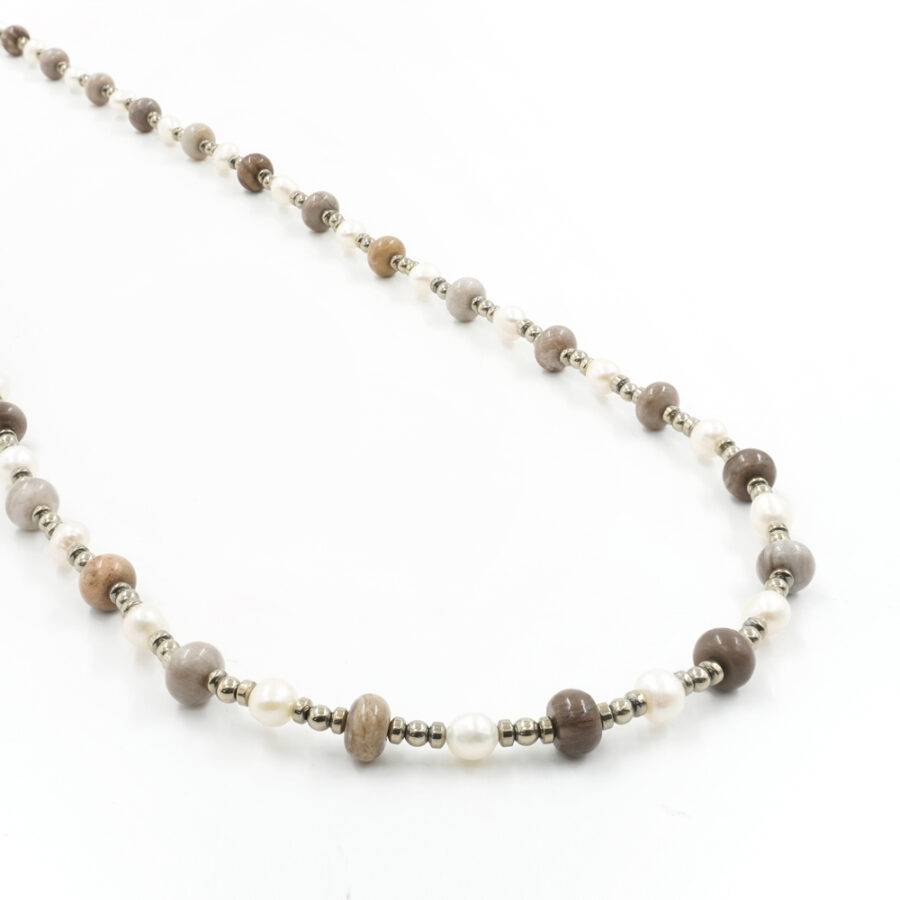 Collana con ematite, astroflite e perle e chiusura in argento 925‰ – Dorato