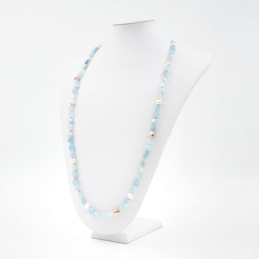 Collana con sassi di acquamarina, perle e elementi e chiusura in argento 925‰ – Rosato - immagine 2