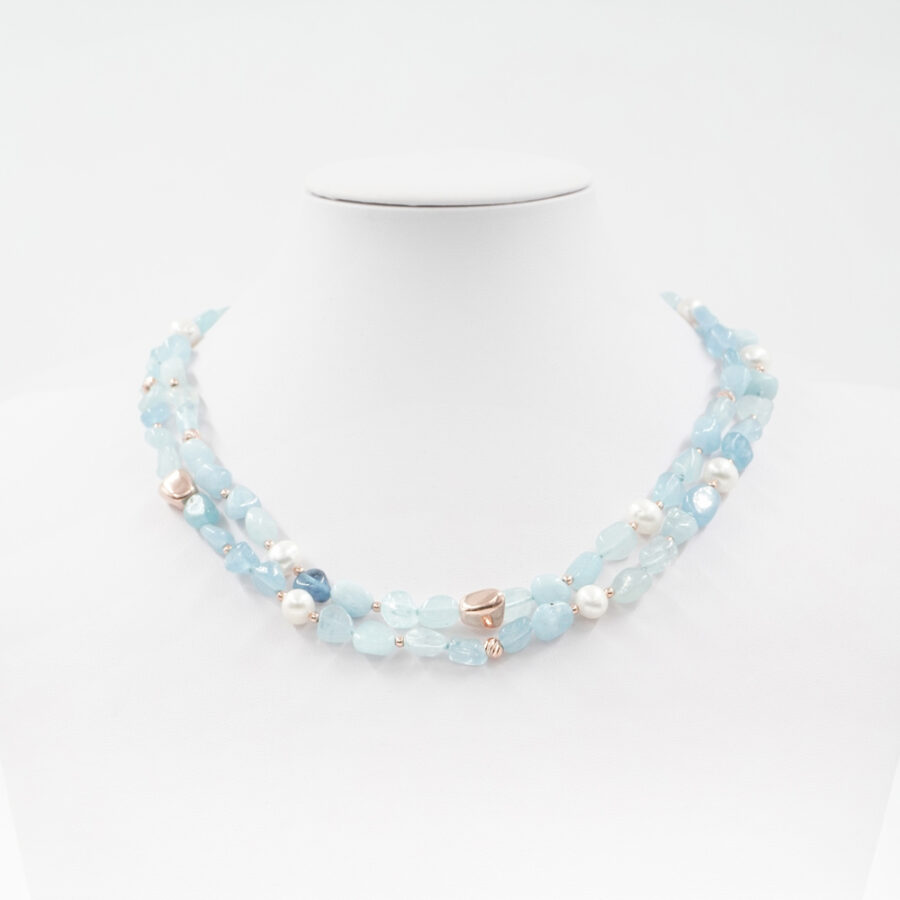 Collana con sassi di acquamarina, perle e elementi e chiusura in argento 925‰ – Rosato - immagine 3