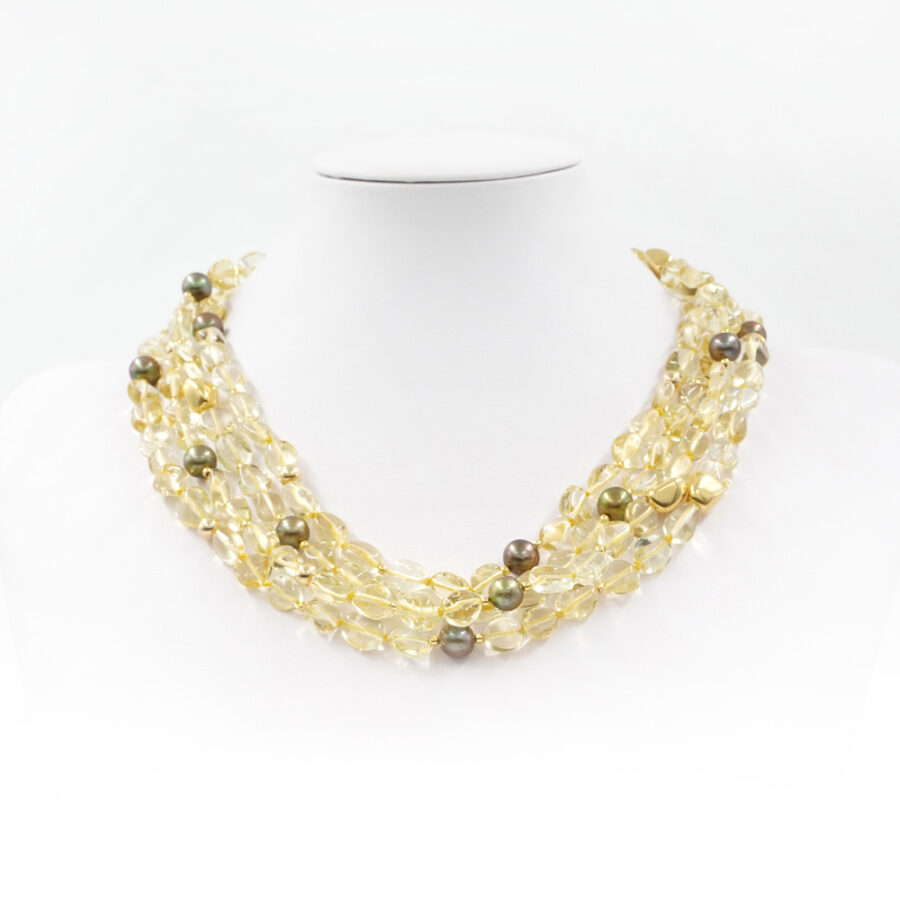 Collana Multifilo con sassi di quarzo lemon, perle e elementi e chiusura in argento 925‰ – Dorato - immagine 3