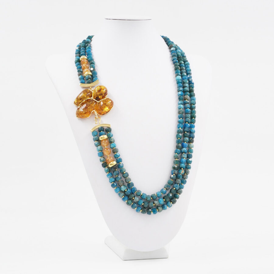 Collana Multifilo con apatite, quarzo citrino, ambra e chiusura in argento 925 – Dorato
