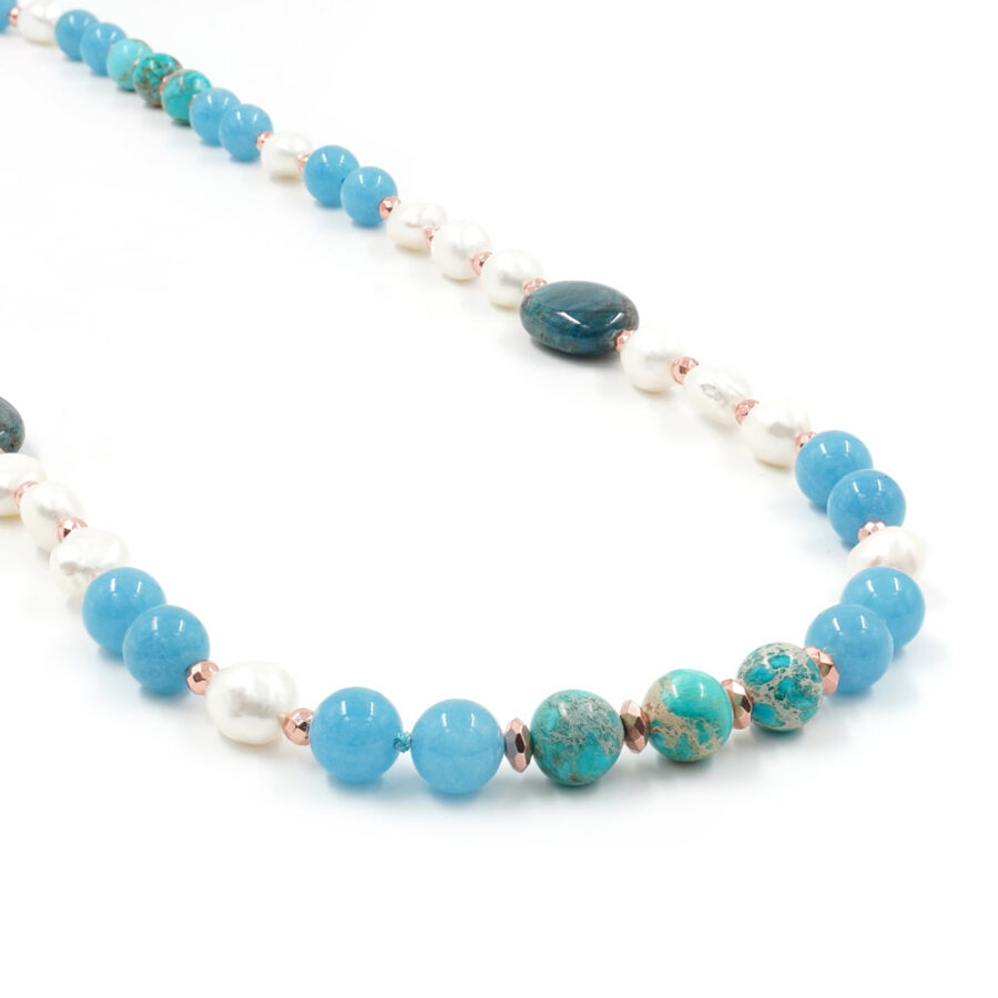 Collana con quarzo, diaspro imperiale, perla, apatite, ematite e chiusura in argento 925 – Rosato