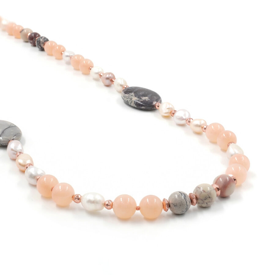 Collana con quarzo, diaspro bianco, perla, ematite e chiusura in argento 925 – Rosato