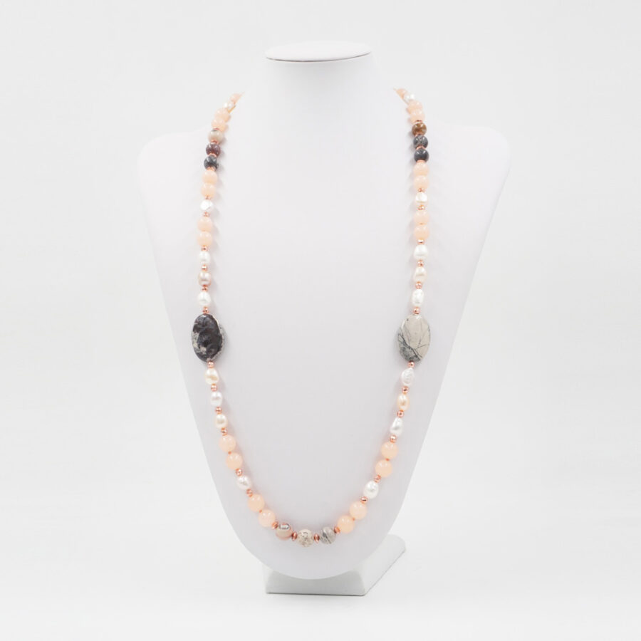 Collana con quarzo, diaspro bianco, perla, ematite e chiusura in argento 925 – Rosato - immagine 2