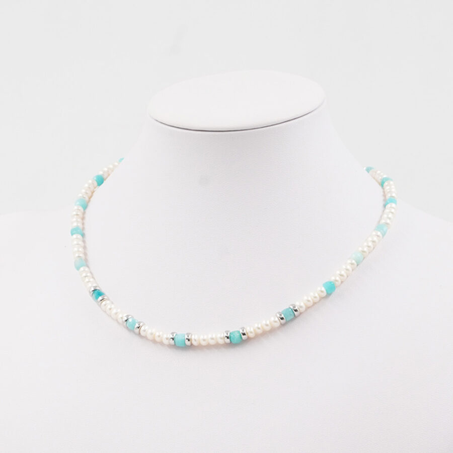 Collana con perle e amazzonite con chiusura in argento 925 – Rodiato