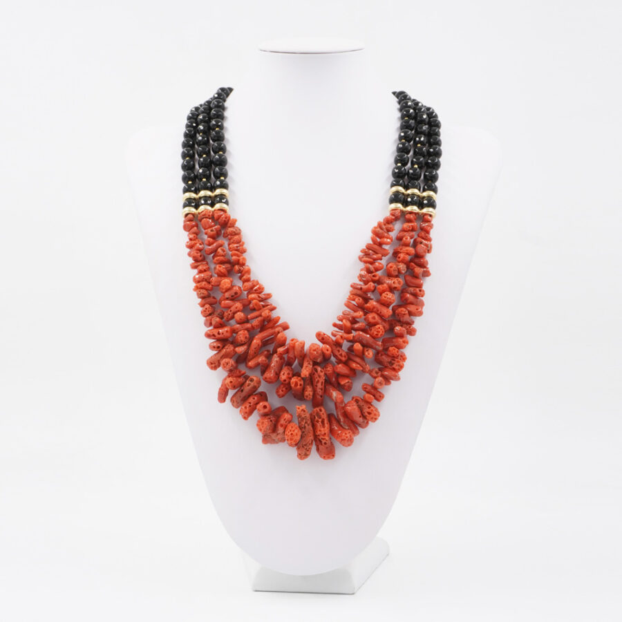 Collana Multifilo con agata nera, corallo e chiusura in argento 925 – Dorato - immagine 2