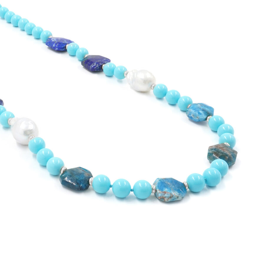 Collana con pasta di turchese, lapis, apatite, perla e chiusura in argento 925 – Rodiato