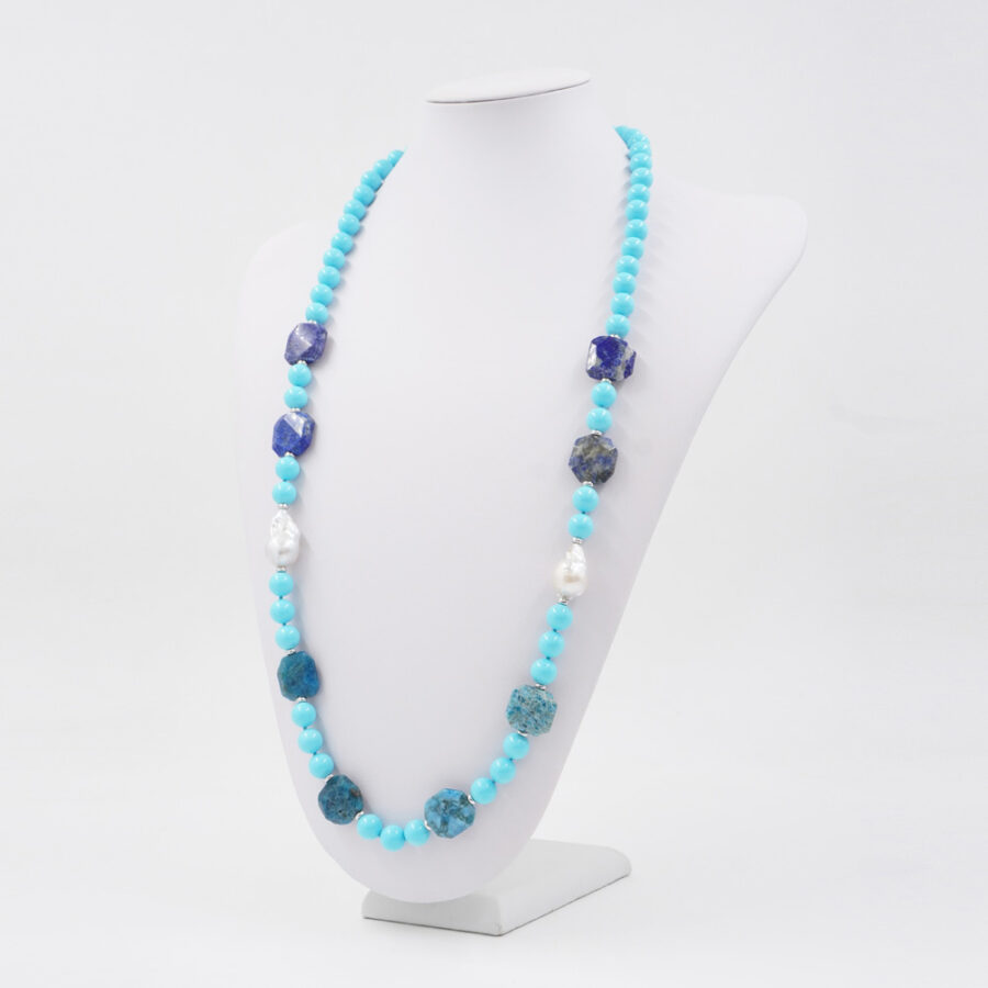Collana con pasta di turchese, lapis, apatite, perla e chiusura in argento 925 – Rodiato - immagine 2