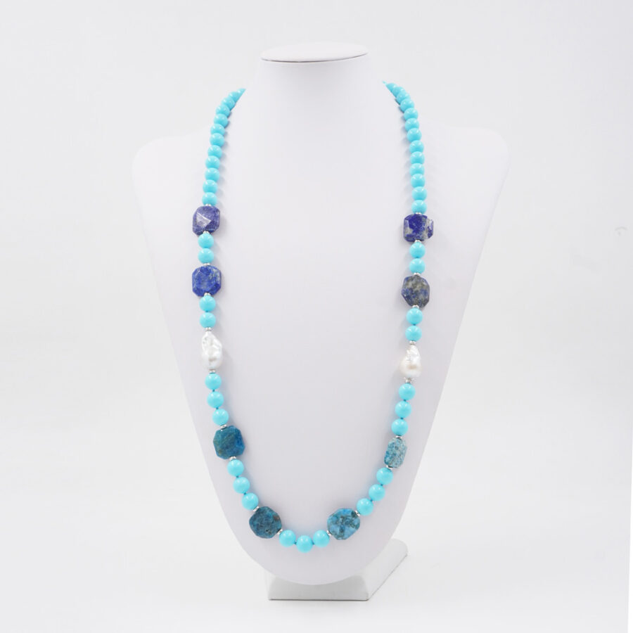 Collana con pasta di turchese, lapis, apatite, perla e chiusura in argento 925 – Rodiato - immagine 3