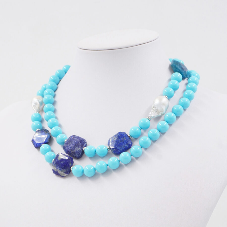 Collana con pasta di turchese, lapis, apatite, perla e chiusura in argento 925 – Rodiato - immagine 4