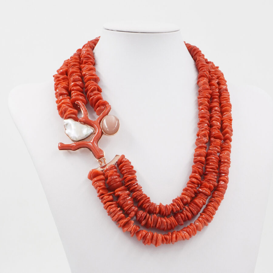 Collana Multifilo con perla, ramo di corallo, chips di corallo e chiusura in argento 925 – Rosato