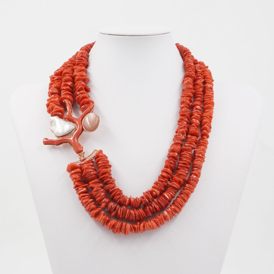 Collana Multifilo con perla, ramo di corallo, chips di corallo e chiusura in argento 925 – Rosato - immagine 2