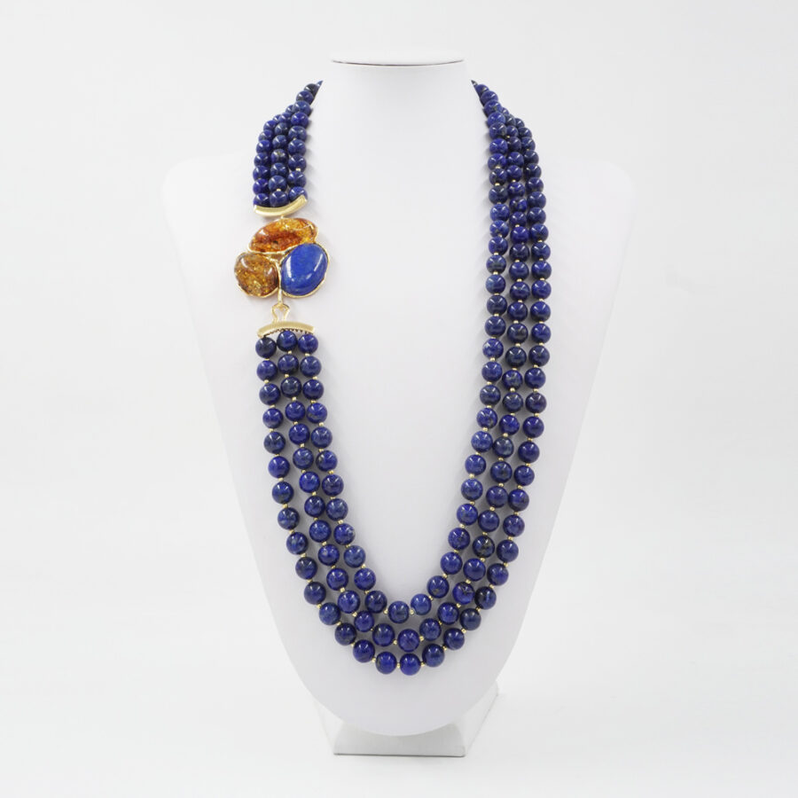 Collana Multifilo con lapis, ambra e chiusura in argento 925 – Dorato - immagine 2