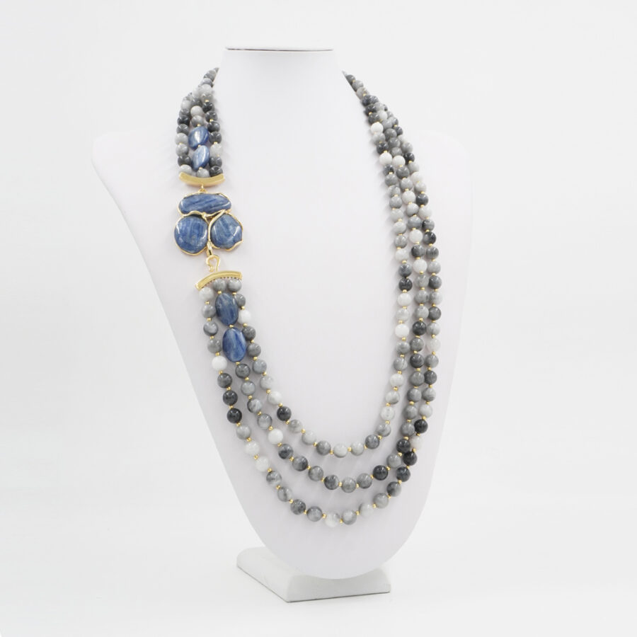 Collana Multifilo con occhio d'aquila, cianite e chiusura in argento 925 – Dorato