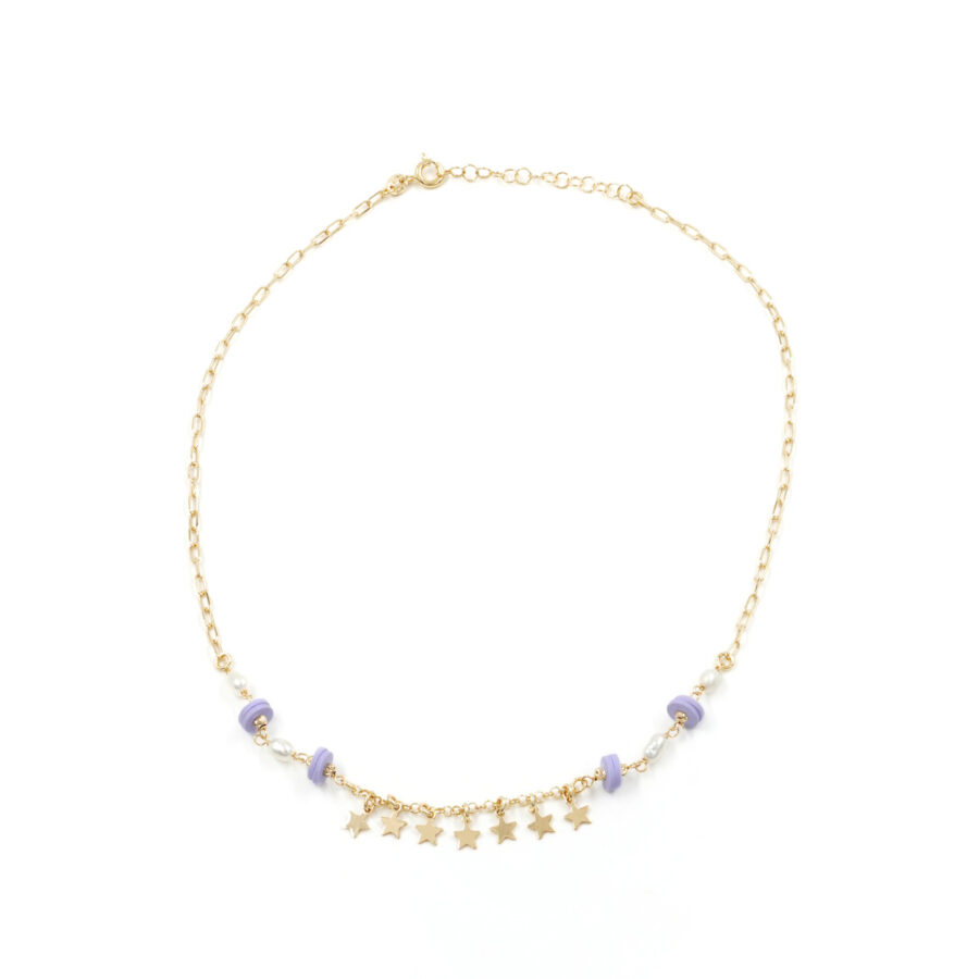 Collana in argento 925 con pietre di colore viola e perle – Dorato