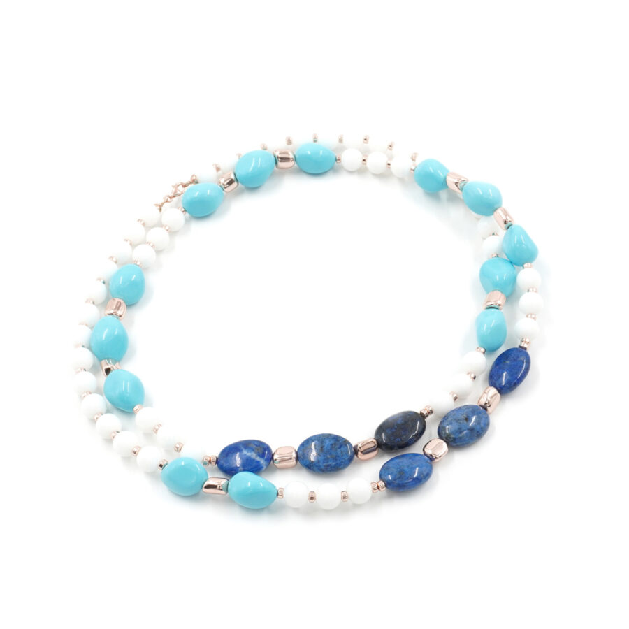 Collana con agata bianca, pasta di turchese, lapis, ematite e chiusura in argento 925 - Rosato