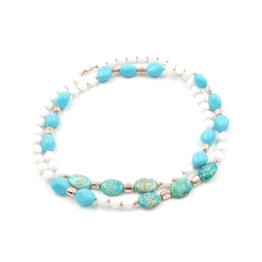 Collana con agata bianca, pasta di turchese, diaspro imperiale, ematite e chiusura in argento 925 - Rosato