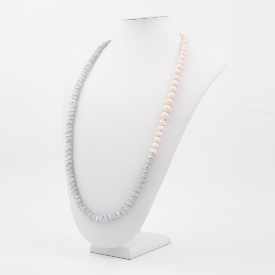 Collana con occhio di gatto grigio, ematite, pasta di corallo rosa, perla e chiusura in argento 925 – Rosato