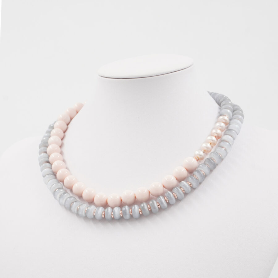 Collana con occhio di gatto grigio, ematite, pasta di corallo rosa, perla e chiusura in argento 925 – Rosato - immagine 2