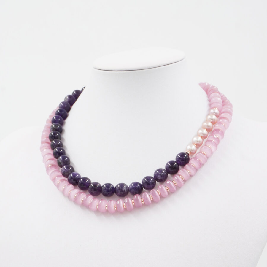 Collana con occhio di gatto rosa, ematite, ametista, perla e chiusura in argento 925 – Rosato - immagine 2