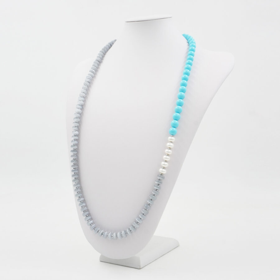 Collana con occhio di gatto grigio, ematite, pasta di turchese, perla e chiusura in argento 925 – Rodiato