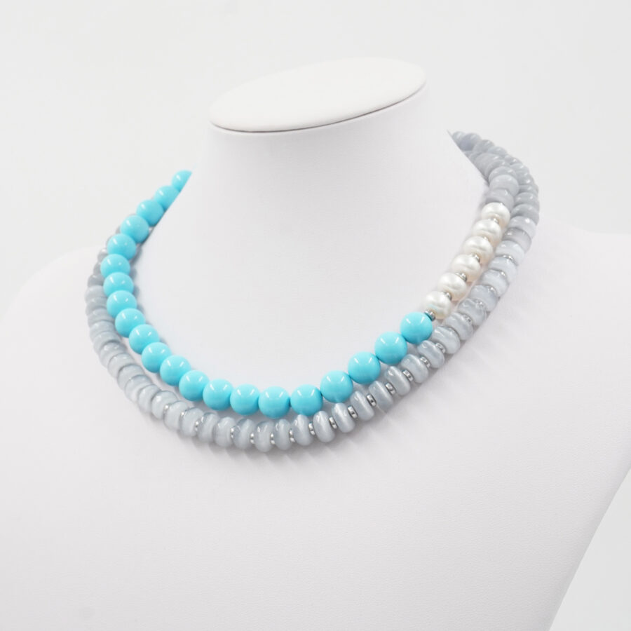 Collana con occhio di gatto grigio, ematite, pasta di turchese, perla e chiusura in argento 925 – Rodiato - immagine 2