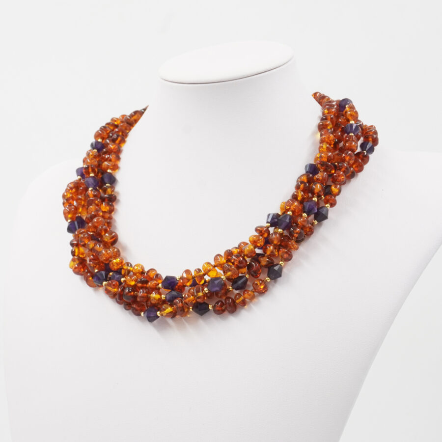 Collana Multifilo con sassi di ambra e sassi di ametista e chiusura in ambra