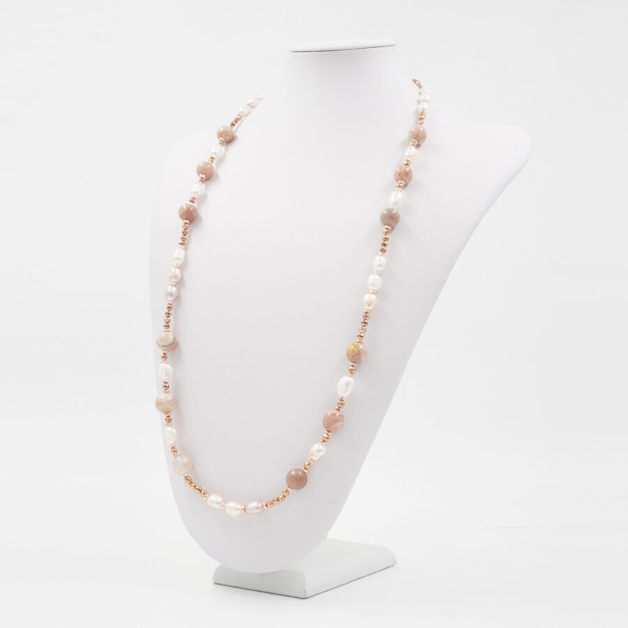 Collana con ematite rosa, pietra del sole e perle e chiusura in argento 925 – Rosato