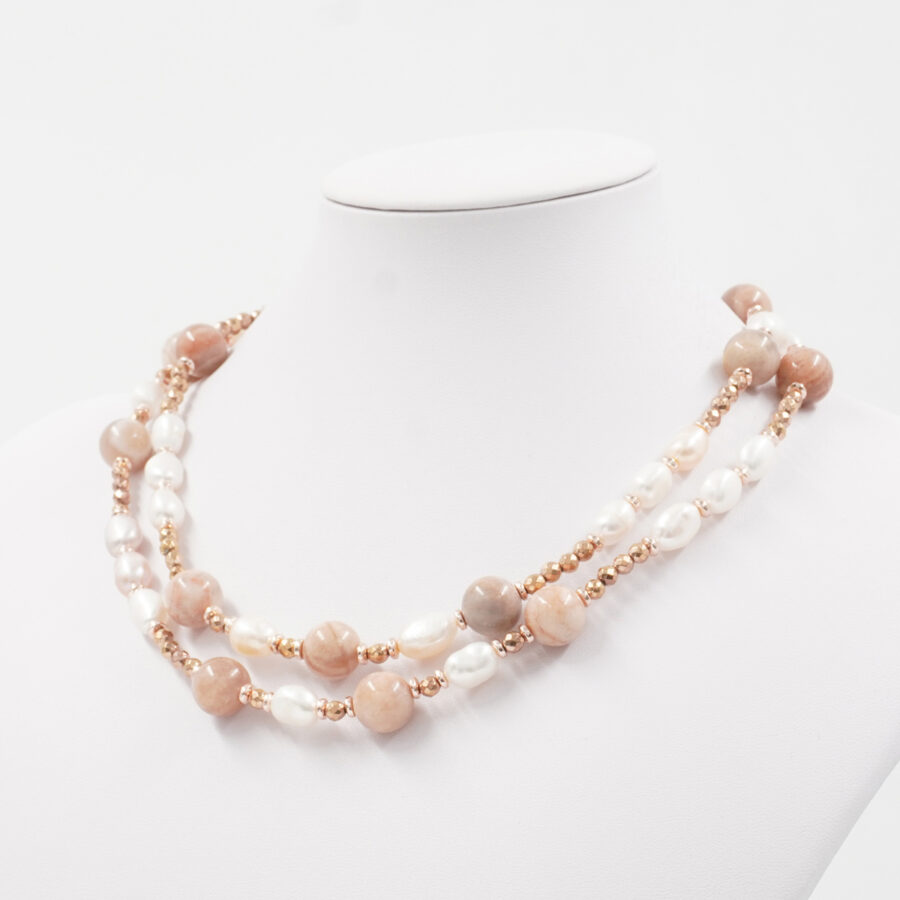 Collana con ematite rosa, pietra del sole e perle e chiusura in argento 925 – Rosato - immagine 2