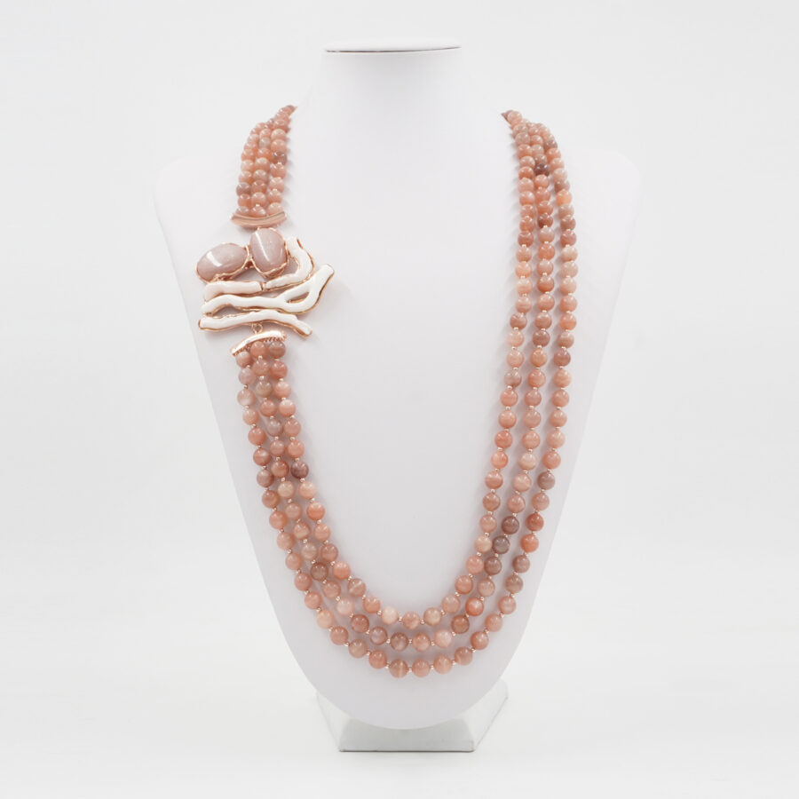 Collana Multifilo con pietra di Luna, ematite, corallo bianco e chiusura in argento 925 – Rosato - immagine 2