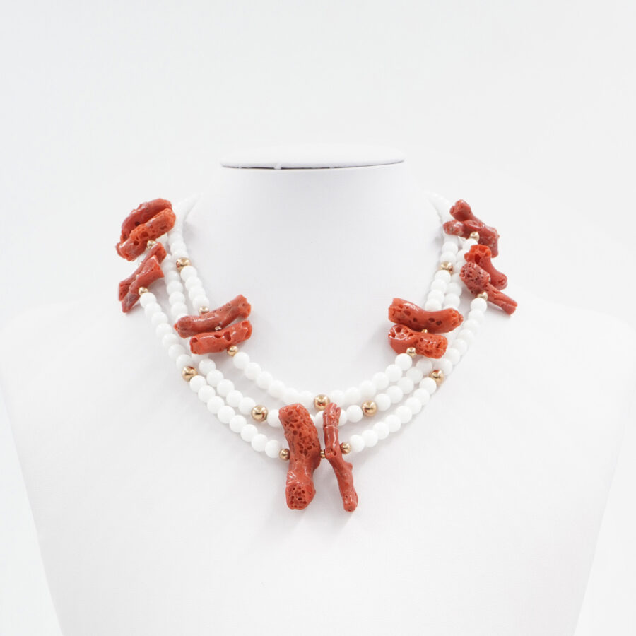 Collana con agata bianca, corallo, ematite e chiusura in argento 925‰ - Rosato