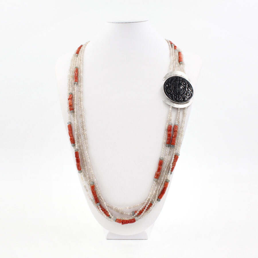 Collana Multifilo con agata grigia, labradorite, corallo e piastra di agata nera incisa in chiusura argento 925‰ - Rodiato - immagine 2