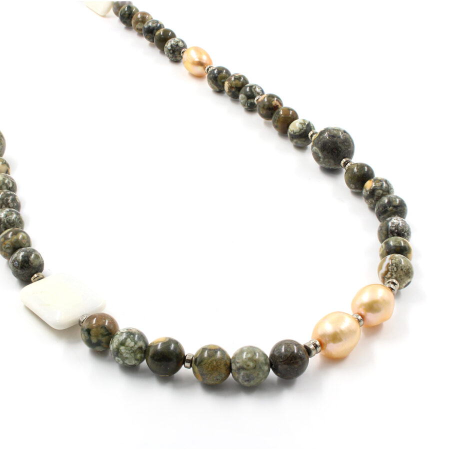 Collana fantasia Riolite, Perle, Ematite ed Osso con chiusura in argento 925‰