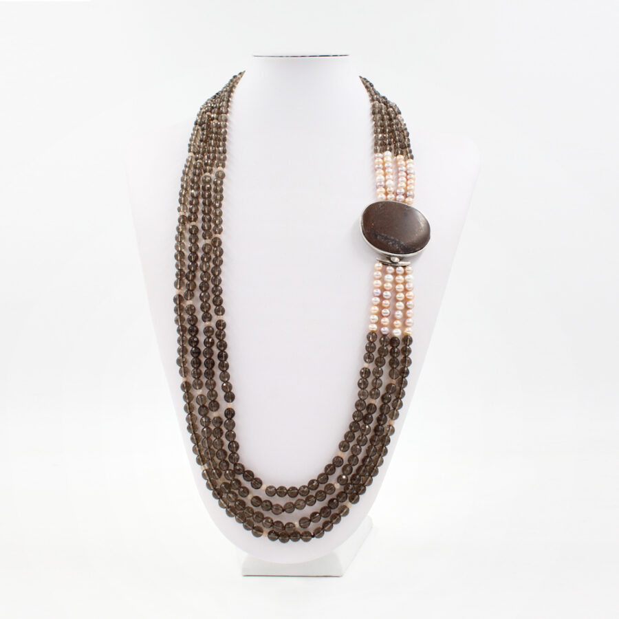 Collana Multifilo con quarzo fumè, perle e elemento di diaspro in chiusura in argento 925‰ - immagine 2