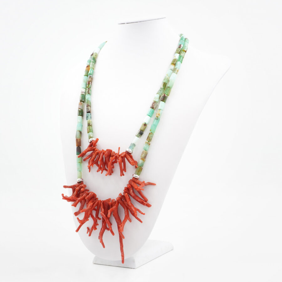 Collana Multifilo con crisoprasio, corallo e chiusura in argento 925‰ - Rodiato