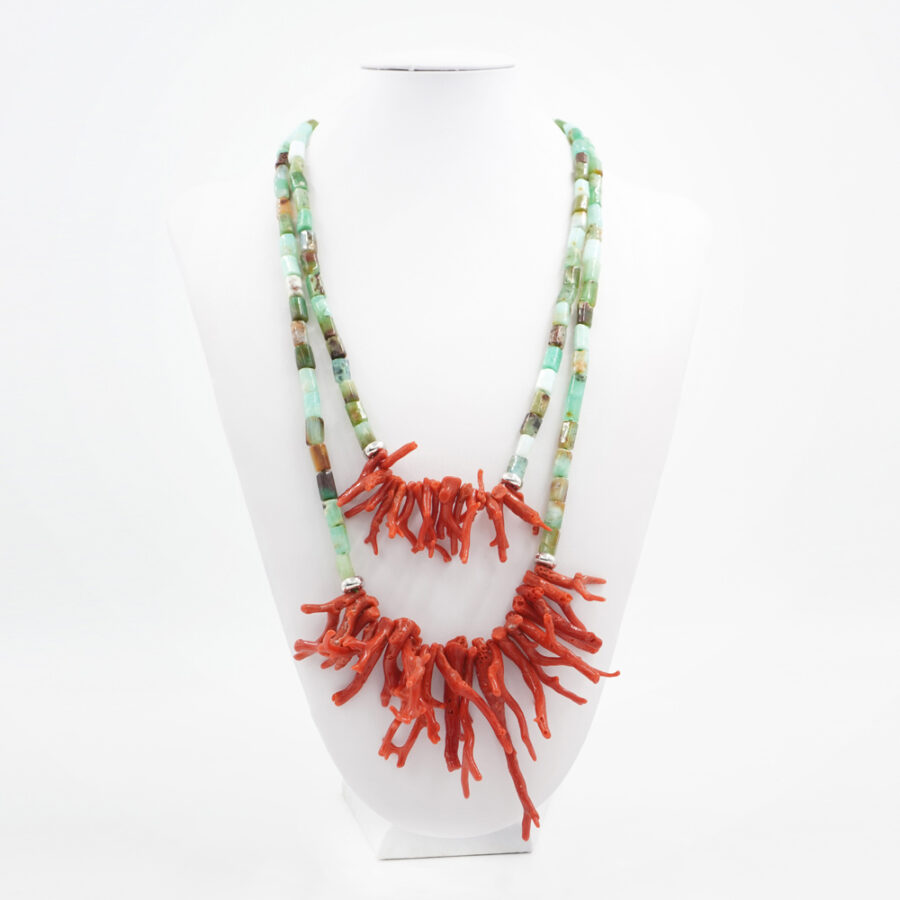 Collana Multifilo con crisoprasio, corallo e chiusura in argento 925‰ - Rodiato - immagine 2