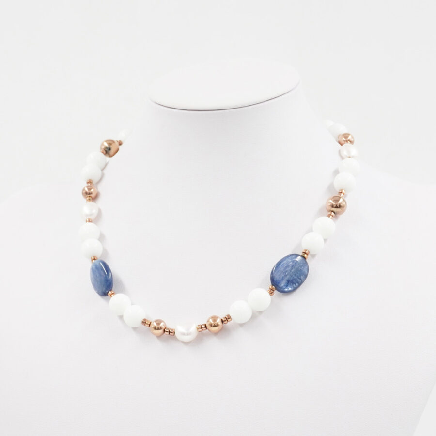 Collana agata bianca, ematite, cianite e chiusura in argento 925 – Rosato