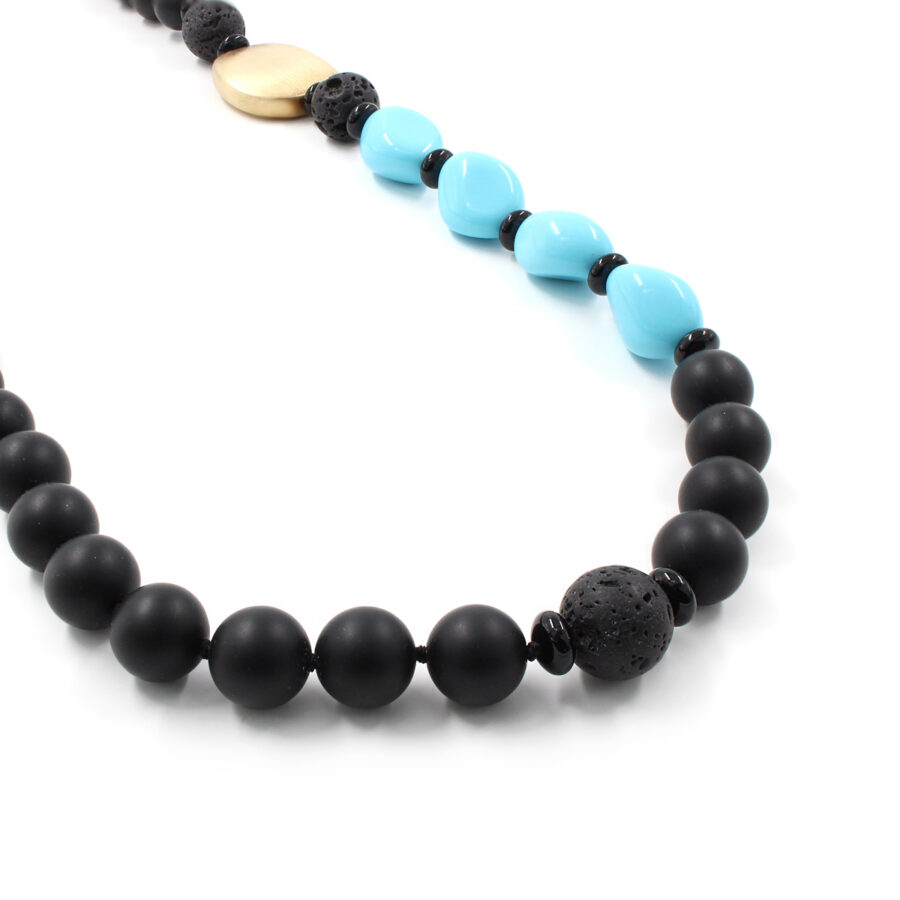 Collana in agata nera, pasta di turchese, lava e chiusura in argento 925‰