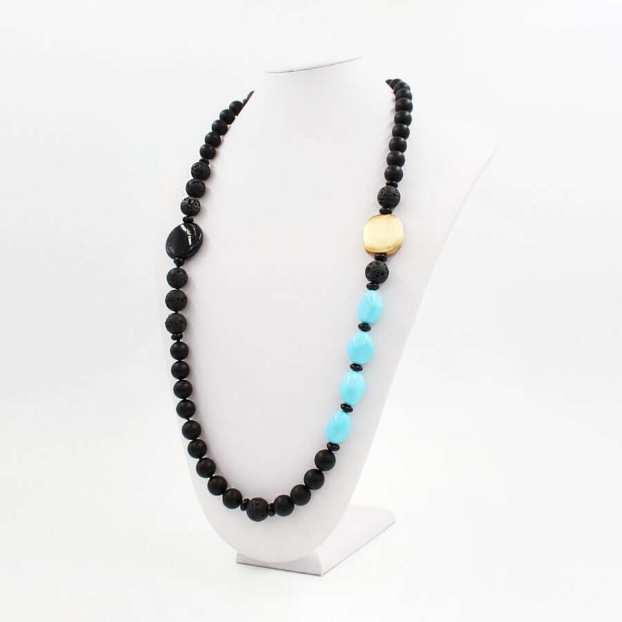 Collana in agata nera, pasta di turchese, lava e chiusura in argento 925‰ - immagine 2